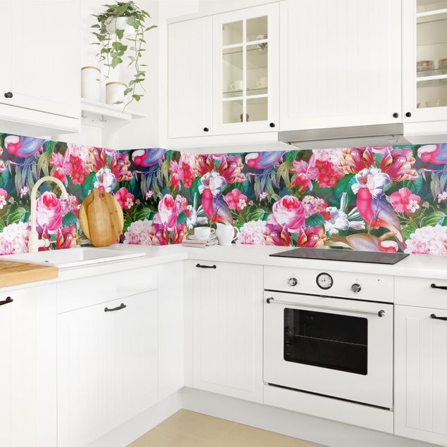 Spritzschutz Küche Glas Bunte Tropische Blumen mit Vögeln Pink II