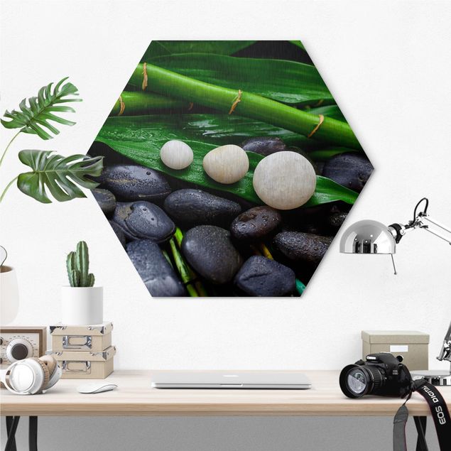 Wanddeko Küche Grüner Bambus mit Zen Steinen