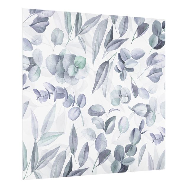 Glasrückwand Küche Muster Blaue Eukalyptus Aquarellblätter