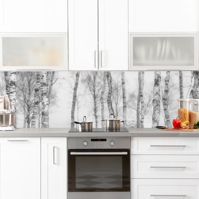 Küchenrückwand Folie Mystischer Birkenwald Schwarz-weiß