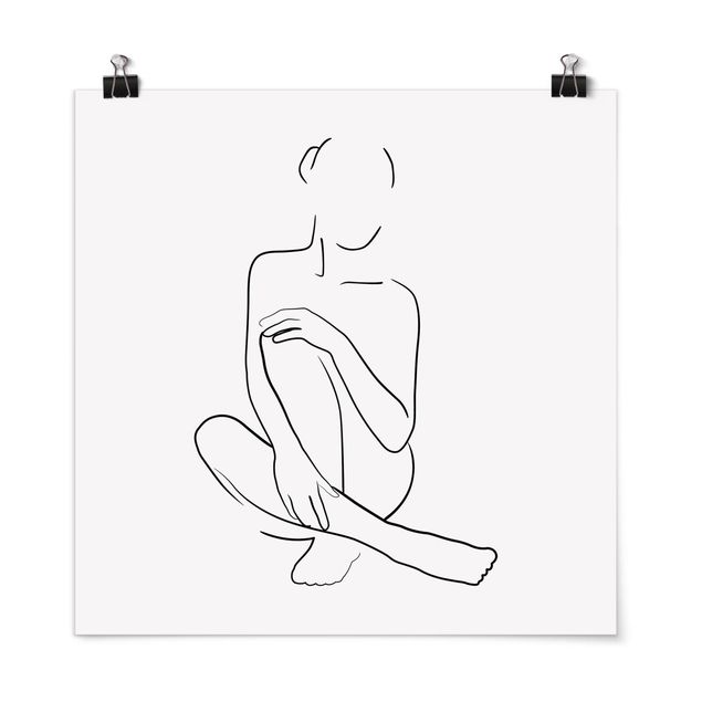 Kunstdrucke Poster Line Art Frau sitzt Schwarz Weiß