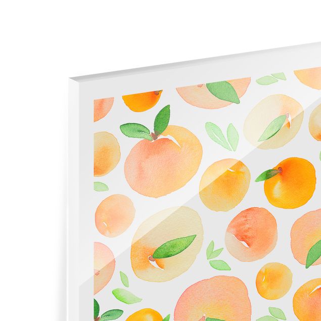 Spritzschutz Glas - Aquarell Orangen mit Blättern in weißem Rahmen - Quadrat 1:1