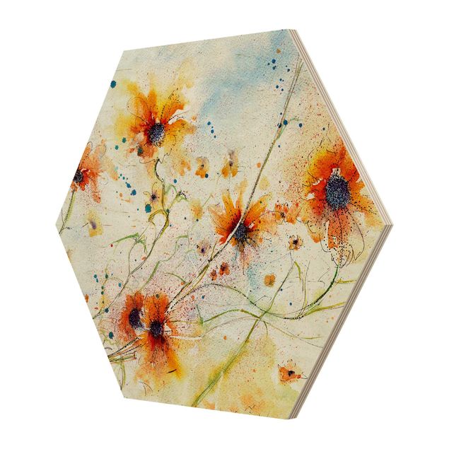 Hexagon Bild Holz - Painted Flowers