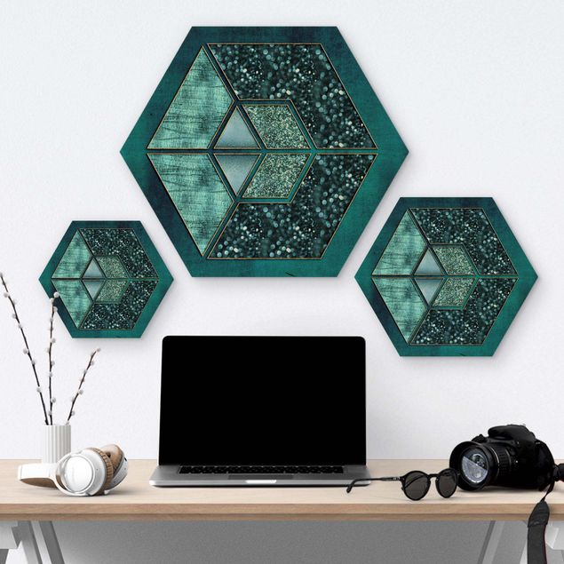 Hexagon Bild Holz - Blaues Hexagon mit Goldkontur