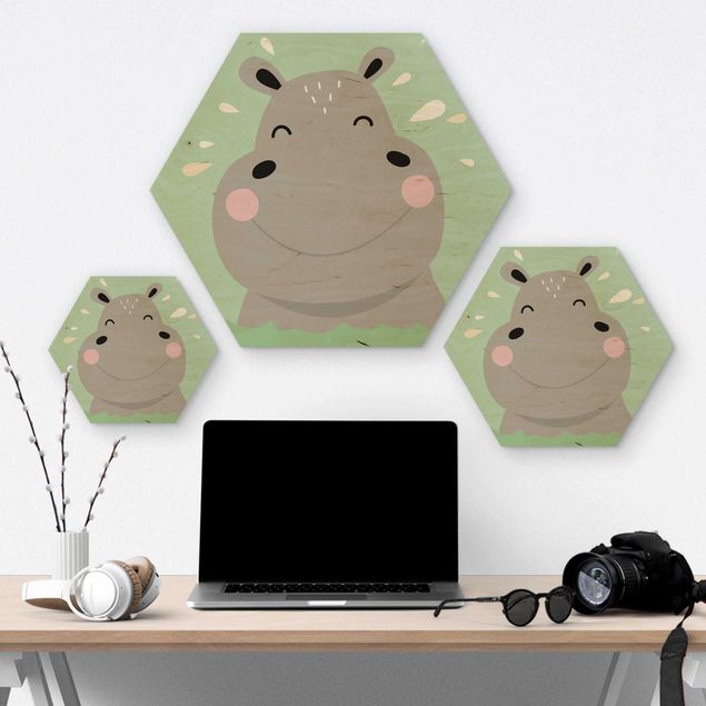 Hexagon Bild Holz - Das glückliche Nilpferd