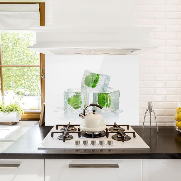 Glasrückwand Küche Kräuter Drei Eiswürfel mit Melisse