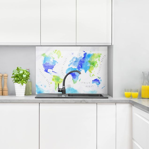 Glasrückwand Küche Weltkarte Aquarell blau grün