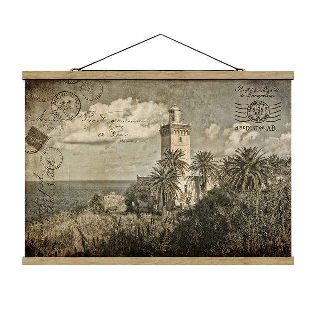 Wandbilder Meer Vintage Postkarte mit Leuchtturm und Palmen