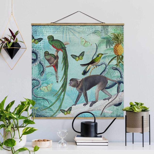 Wandbilder Affen Colonial Style Collage - Äffchen und Paradiesvögel
