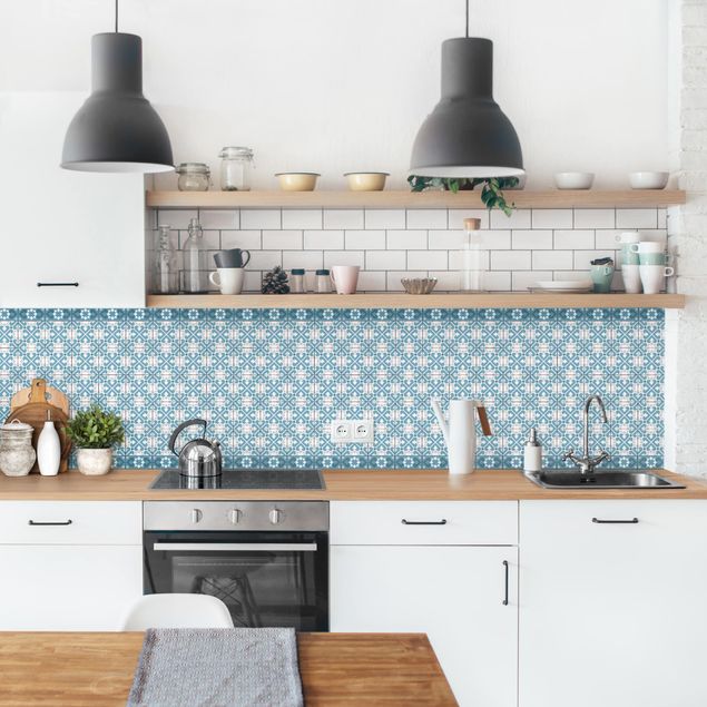 Glasrückwand Küche Geometrischer Fliesenmix Herzen Blaugrau