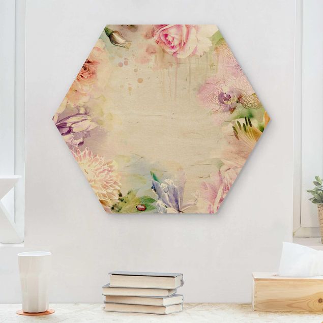 Holzbilder Blumen Aquarell Blütenmix Pastell