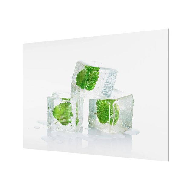 Glas Spritzschutz - Drei Eiswürfel mit Melisse - Querformat - 4:3