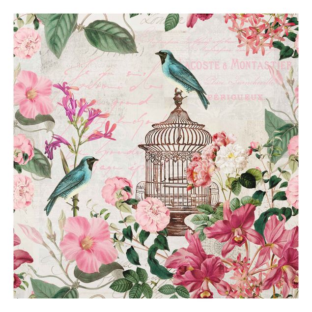 Wandbilder Floral Shabby Chic Collage - Rosa Blüten und blaue Vögel