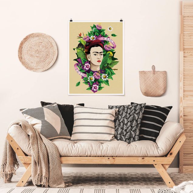 Poster mit Blumen Frida Kahlo - Frida, Äffchen und Papagei