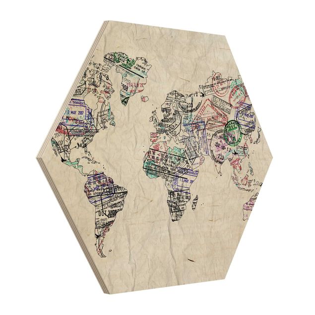 Wandbild Holz Reisepass Stempel Weltkarte