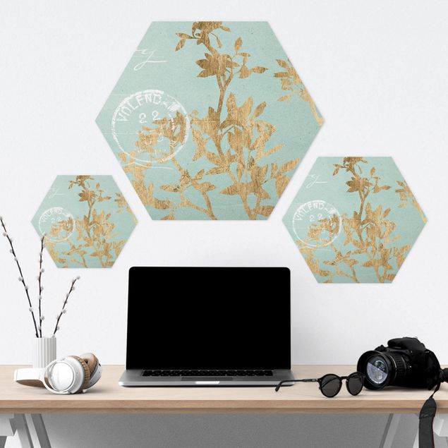 Hexagon Bild Forex - Goldene Blätter auf Turquoise II