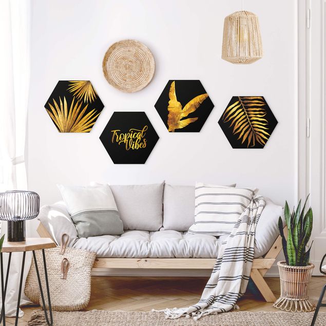 Wandbilder Blumen Gold - Tropical Vibes auf Schwarz Set II