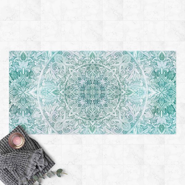 Aussen Teppich Mandala Aquarell Ornament Muster türkis