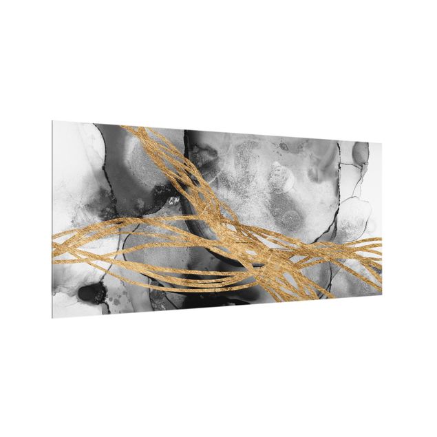 Spritzschutz Glas - Schwarze Tusche mit goldenen Linien - Querformat 2:1