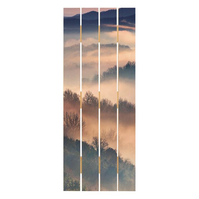 Wandbild Holz Nebel bei Sonnenuntergang