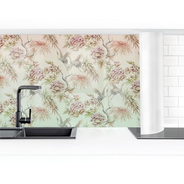 Küchenrückwand Folie selbstklebend Aquarell Vögel mit großen Blüten in Ombre II