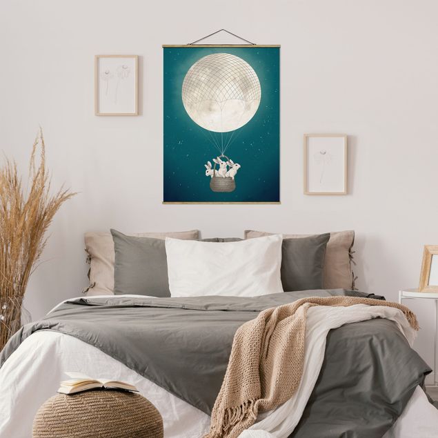 Wandbilder Kunstdrucke Illustration Hasen Mond-Heißluftballon Sternenhimmel