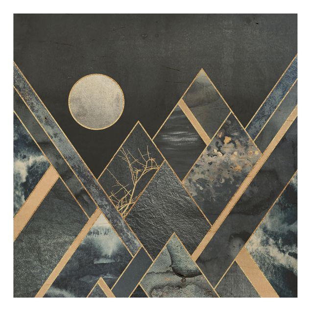 schöne Bilder Goldener Mond abstrakte schwarze Berge