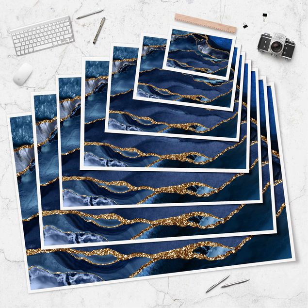 Poster bestellen Goldene Glitzer Wellen vor Blau