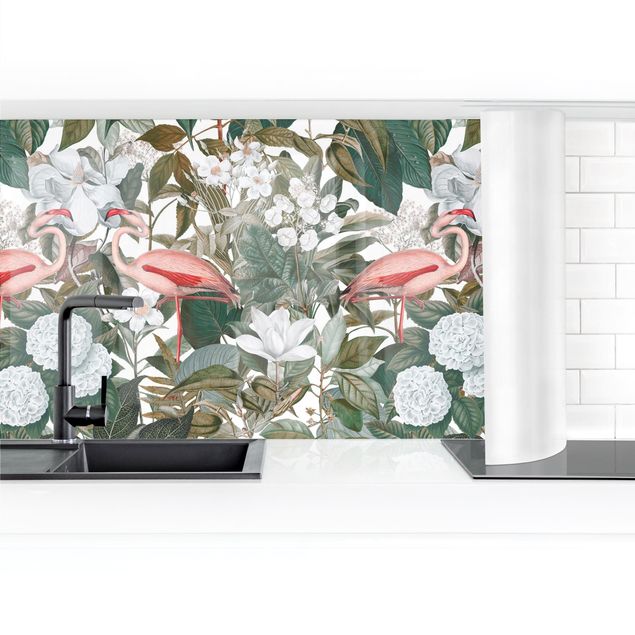 Bilder Andrea Haase Rosa Flamingos mit Blättern und weißen Blumen II