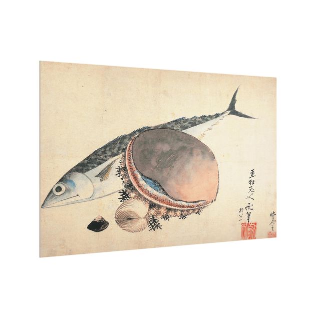 Spritzschutz Küche Glas Katsushika Hokusai - Makrele und Seemuscheln