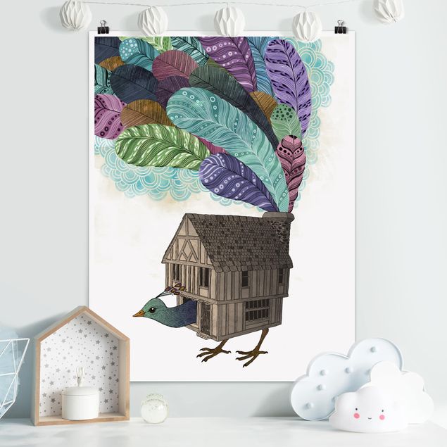 Kunstkopie Poster Illustration Vogel Haus mit Federn