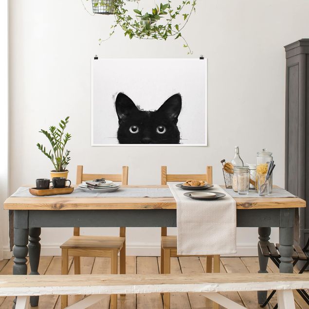 Poster schwarz-weiß Illustration Schwarze Katze auf Weiß Malerei
