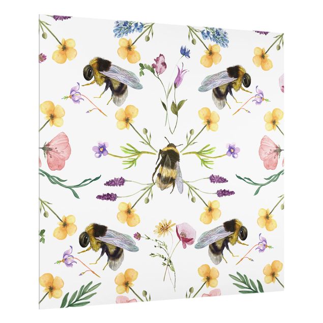 Glasrückwand Küche Bienen mit Blumen