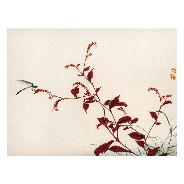 Magnettafeln Blumen Asiatische Vintage Zeichnung Roter Zweig mit Libelle