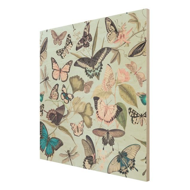 Wandbild Holz Vintage Vintage Collage - Schmetterlinge und Libellen