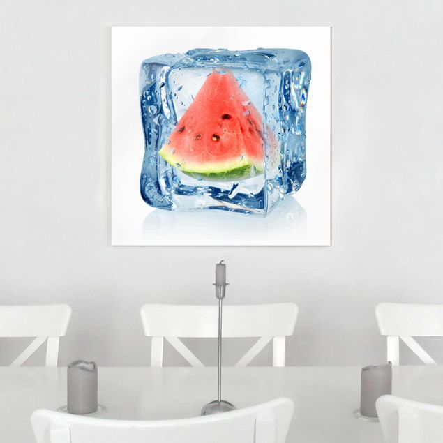 Wandbilder Früchte Melone im Eiswürfel