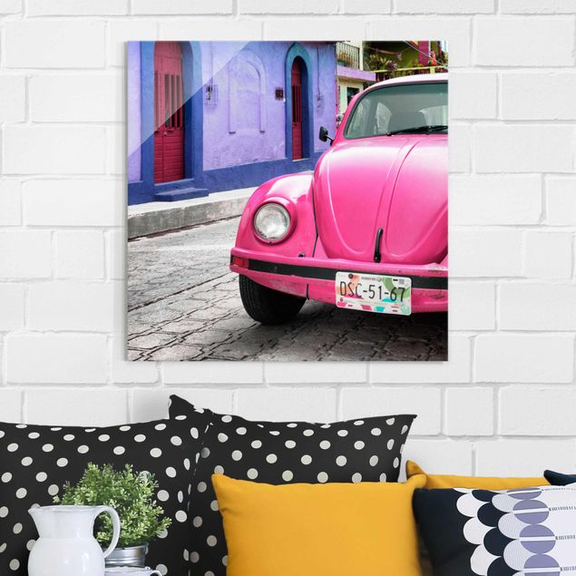 Glasbild - Pink VW Beetle - Quadrat 1:1