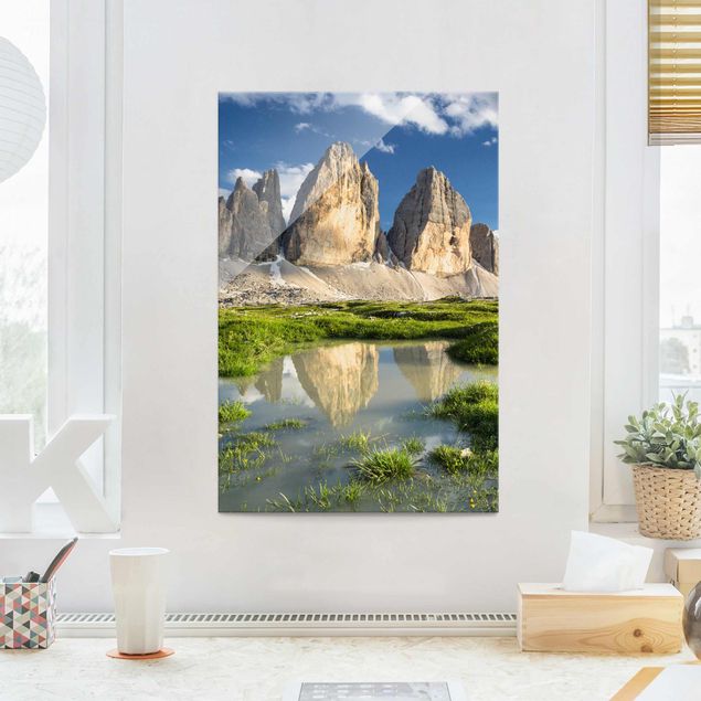 Glasbilder Berge Südtiroler Zinnen und Wasserspiegelung
