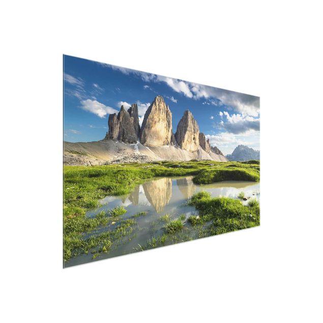Wandbilder Landschaften Südtiroler Zinnen und Wasserspiegelung