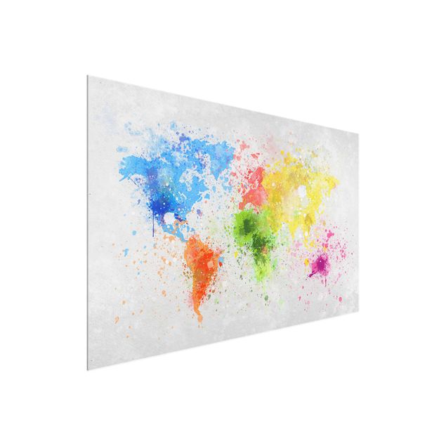 Weltkarte Glasbild Bunte Farbspritzer Weltkarte