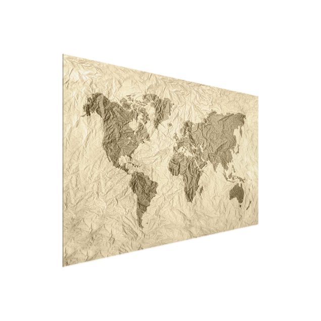 Glasbilder Weltkarten Papier Weltkarte Beige Braun