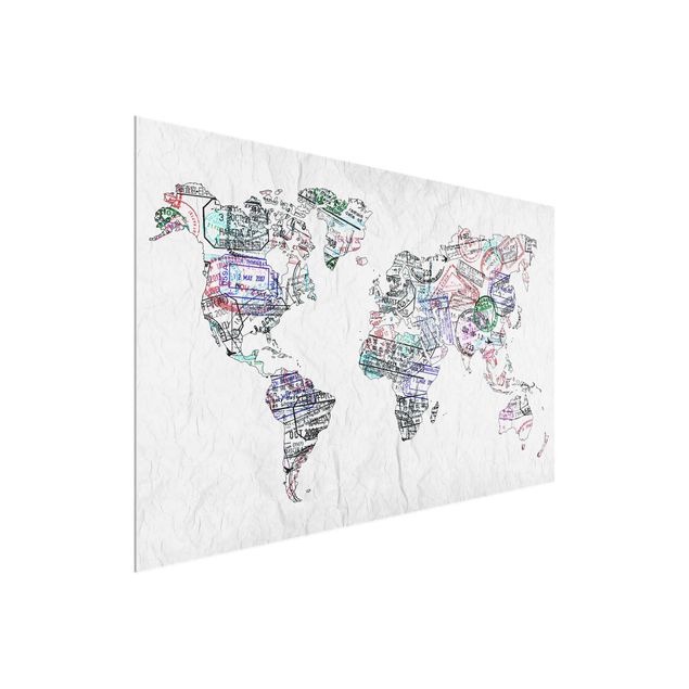 Glasbild mit Spruch Reisepass Stempel Weltkarte