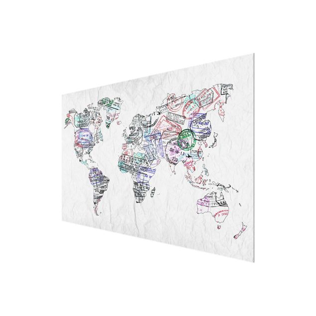 Glas Wandbilder Reisepass Stempel Weltkarte