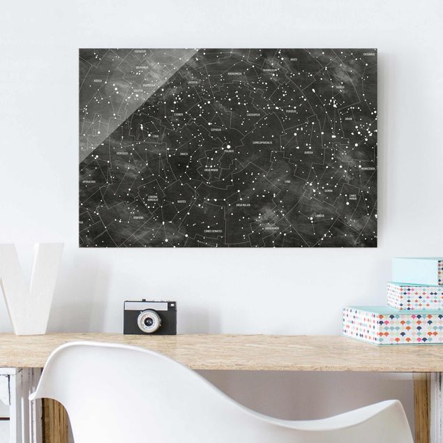 schwarz weiß Glasbilder Sternbild Karte Tafeloptik