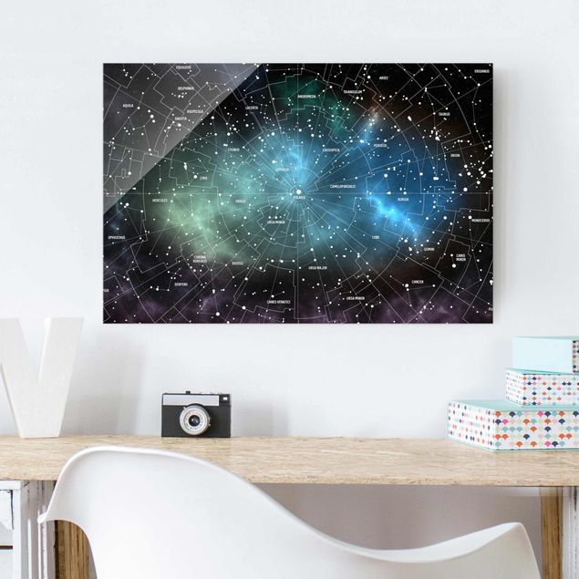 Glasbild Skyline Sternbilder Karte Galaxienebel