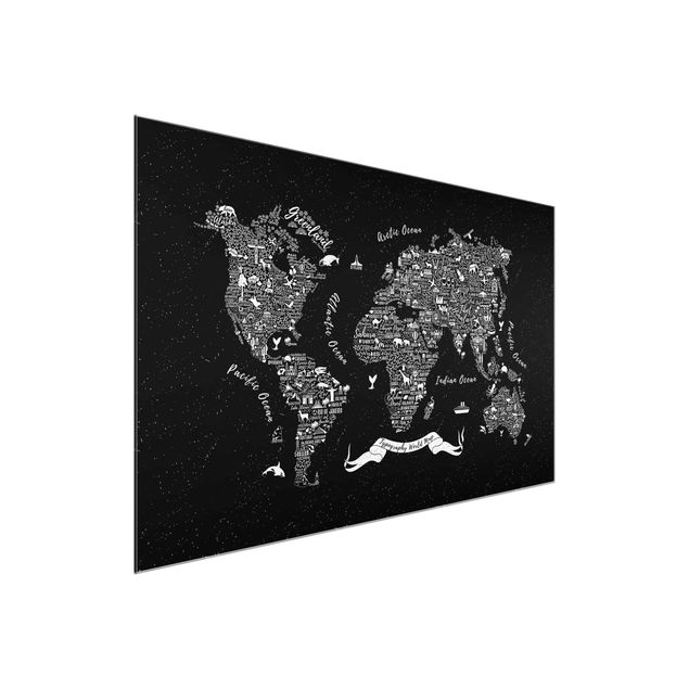 Glasbilder mit Sprüchen Typografie Weltkarte schwarz