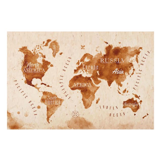 Glasbilder Weltkarte Weltkarte Aquarell beige braun