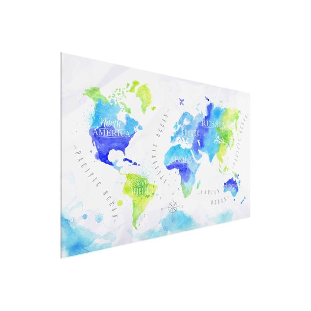 Glasbilder Weltkarten Weltkarte Aquarell blau grün