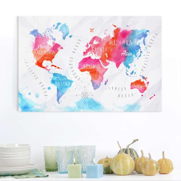 Küche Dekoration Weltkarte Aquarell rot blau