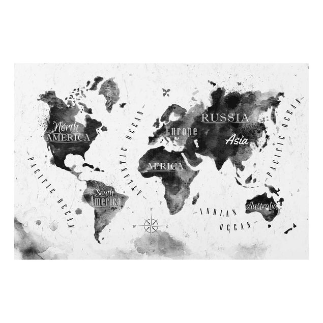Wandbilder Schwarz-Weiß Weltkarte Aquarell schwarz